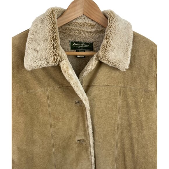 Eddie Bauer Womens Size MED Beige Tan Suede Leather Faux Fur Lined Coat Jacket - Picture 2 of 15